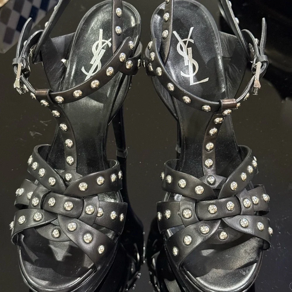 Saint Laurent TRIBUTE SILVER STUDDED Sandals RARE/ EUC - Picture 4 of 14
